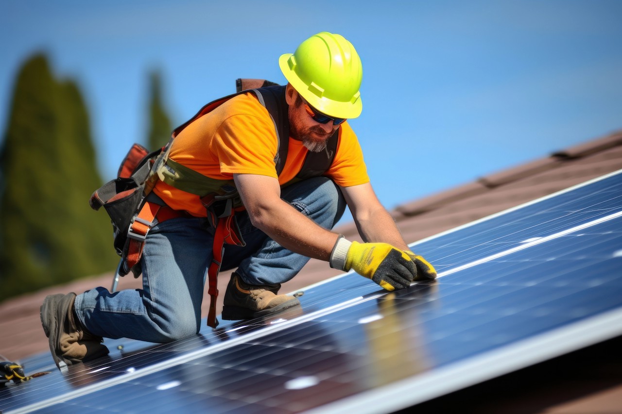 Technicians installing solar panels on a rooftop for a sustainable energy project by DrBuild Solar in DFW, Texas.